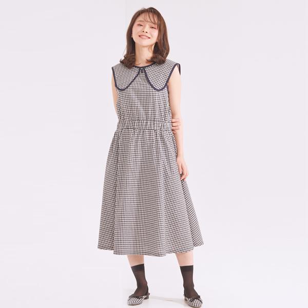 Primavera Dog Ear Collar Check Dress (Navy/Black)