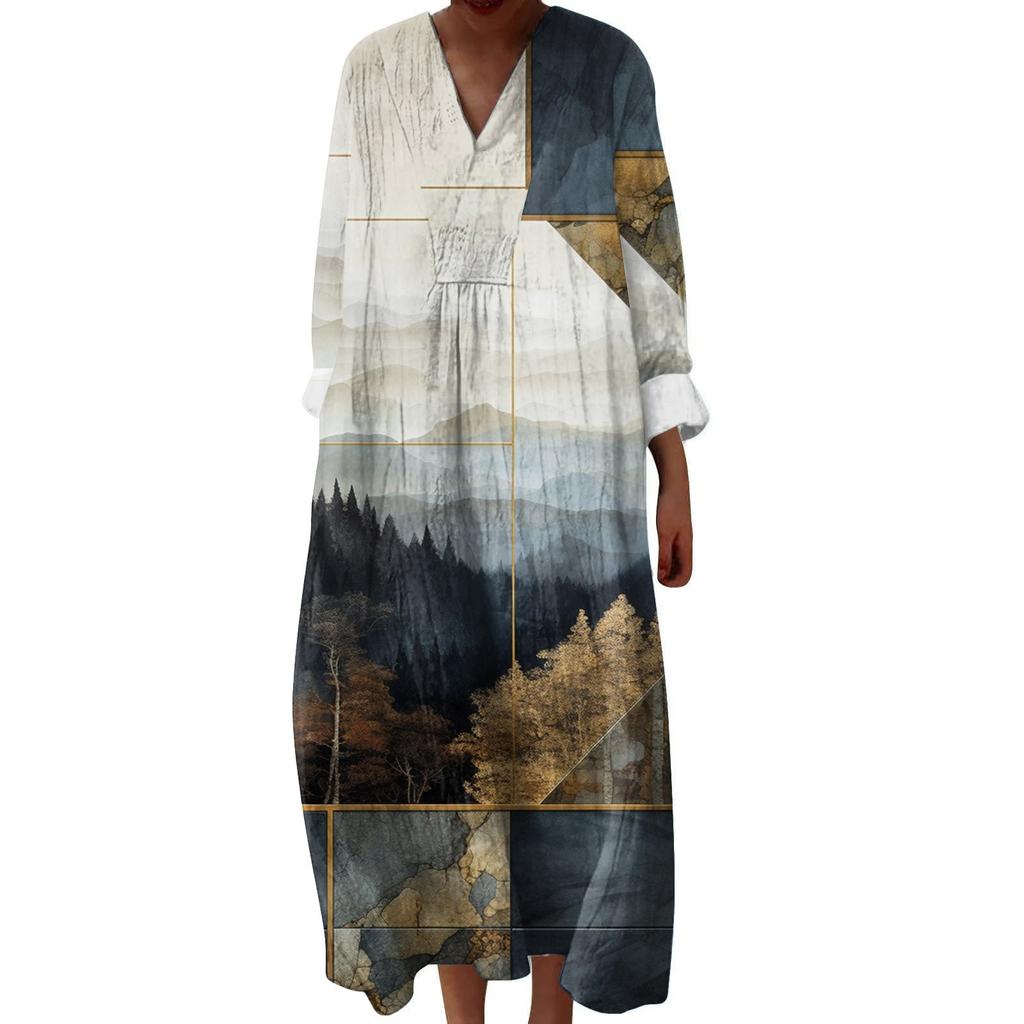 Women's Casual And Fashionable V-Veck Printed Long Sleeved Dress Long Sleeved Dress