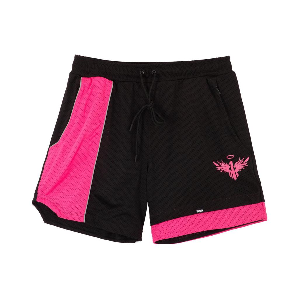 Puma X Lamelo Collaboration Color Block Lace-Up Mid-Rise Casual Shorts Men Shorts Black Bright-Pink 623288-01