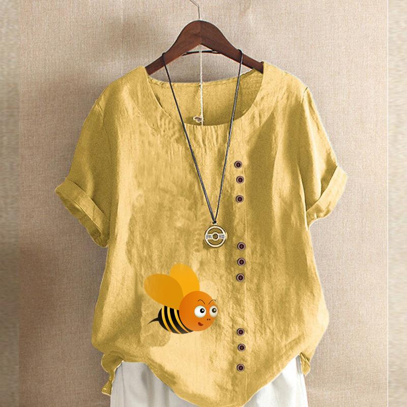 Women's Fashion Round Neck Short Sleeve T-shirt Casual Cotton Linen Graphic Shirt Leisure Loose Honeybee Prined Summer Blouse Tops