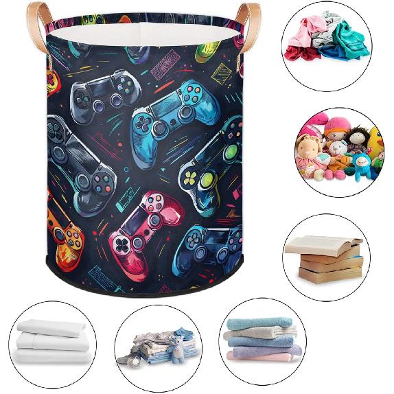 Bardic Large Laundry Basket Gaming Theme Laundry Hamper with Leather Handle, Game Controller Collapsible Organizer Basket Freestanding Tall Clothes