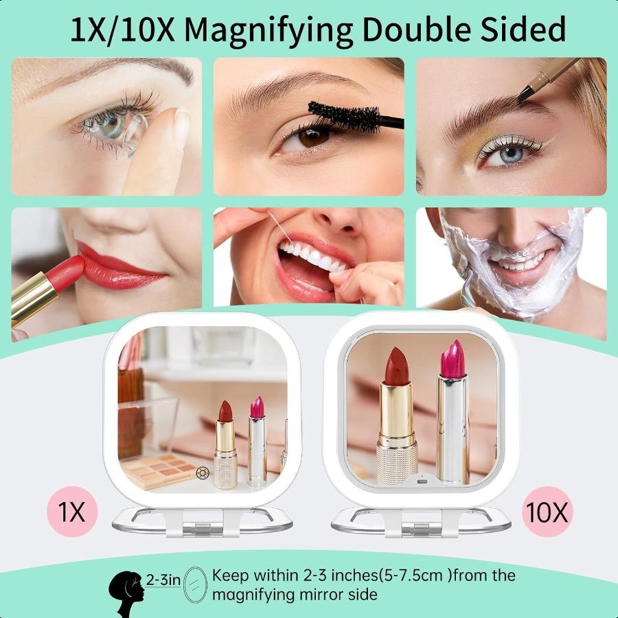 10X Magnification Rechargeable Travel Makeup Mirror 7 Lighted Portable Vanity Mirror with 3 Colors Lighting Stepl Dimming Doubl