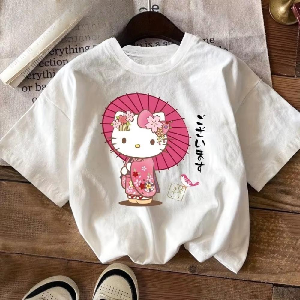 

Japanese Kimono Hello Kitty Printed Unisex Womens Tshirt Summer Cotton Y2K Loose Casual Harajuku and Soft Short Sleeve Top S