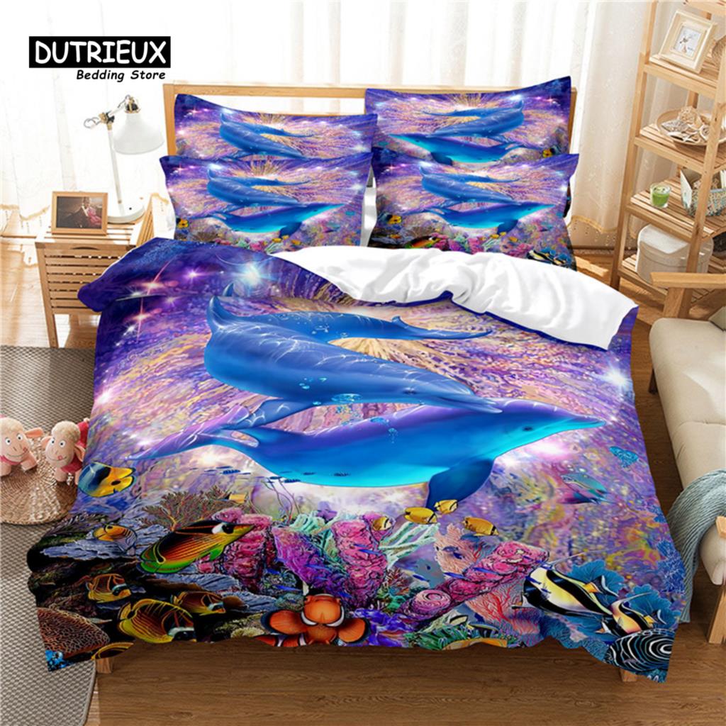 

Dolphins Bedding Set, 3Pcs Duvet Cover Set, Soft Comfortable Breathable Duvet Cover, For Bedroom Guest Room Decor EU single(135x200cm)