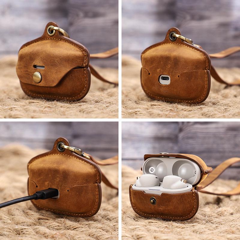 Sony WF-1000XM4 Leather Protective Case with Lanyard for Bluetooth Earphones