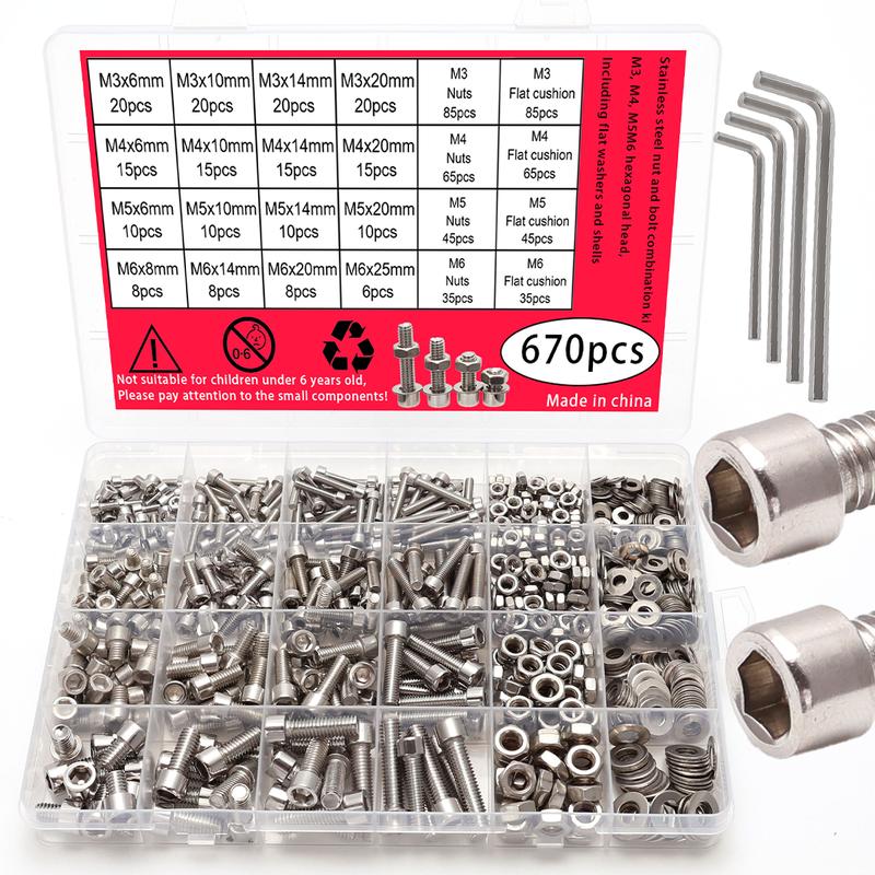670 PCS Stainless Steel Hexagon Nut and Bolt Combo Set - M3, M4, M5, M6 Hex Heads - Includes Flat Washer Wrench