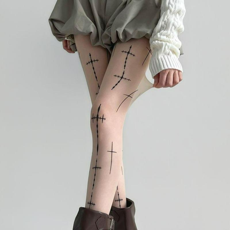 Neue Schwarze Strumpfhosen mit Gothic-Kreuz-Print für Mädchen Modische Leggings Strumpf Socke Damen Herbst Frühling Tägliche Kleidung Dunkle Strumpfhose