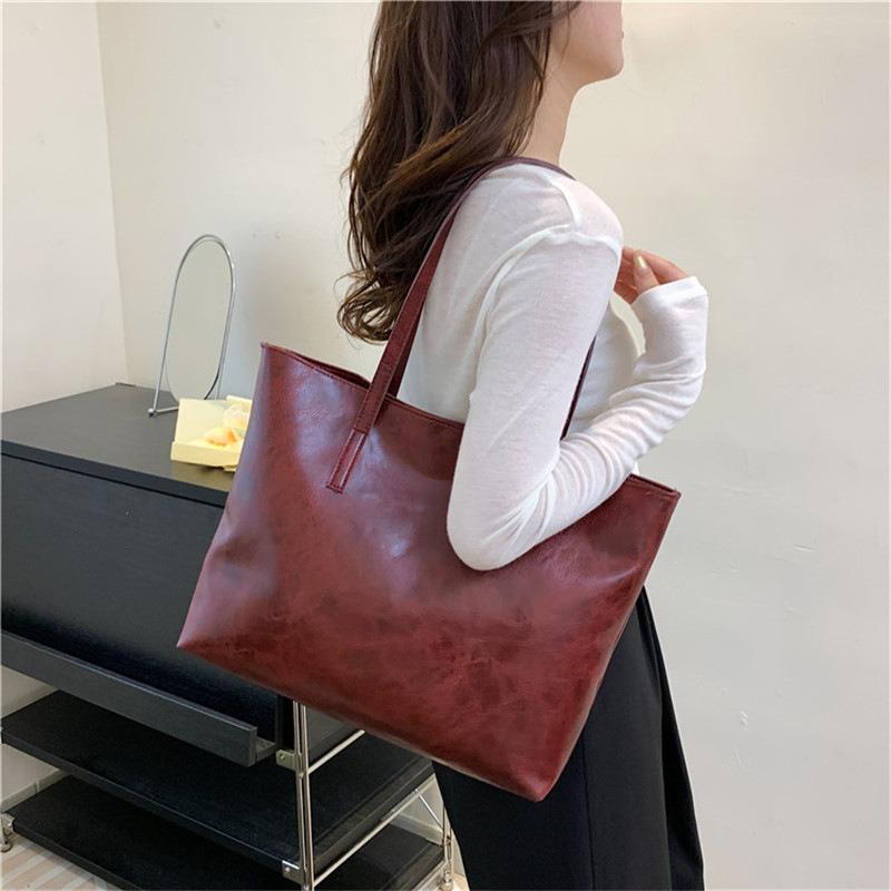 New women's simple large-capacity tote bag retro solid color trendy casual portable shoulder
