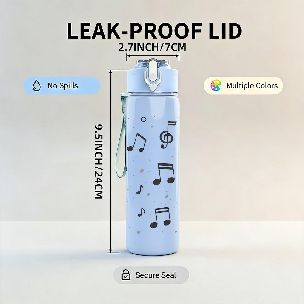 1PC Floating Musical Note Staff Print 750ml Color Plastic Sports Water Bottle Leakproof Flip Straw Lid Suitable for Sports Office Home Use