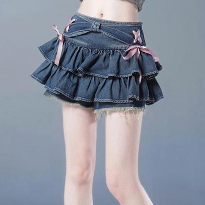 Estetic dulce Kawaii mini fuste din denim femei fierbinte fete fundă vintage Y2k Streetwear haine femei americane sexy fustă a linie de vară