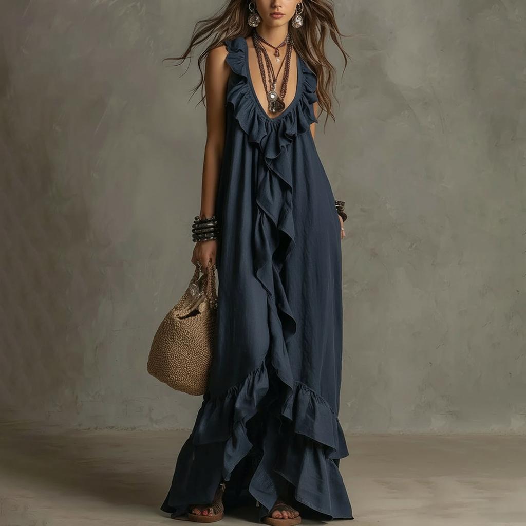 Women's New Summer Casual Boho Vintage Dress, V-Neck Short Sleeve With Ruffle Hem