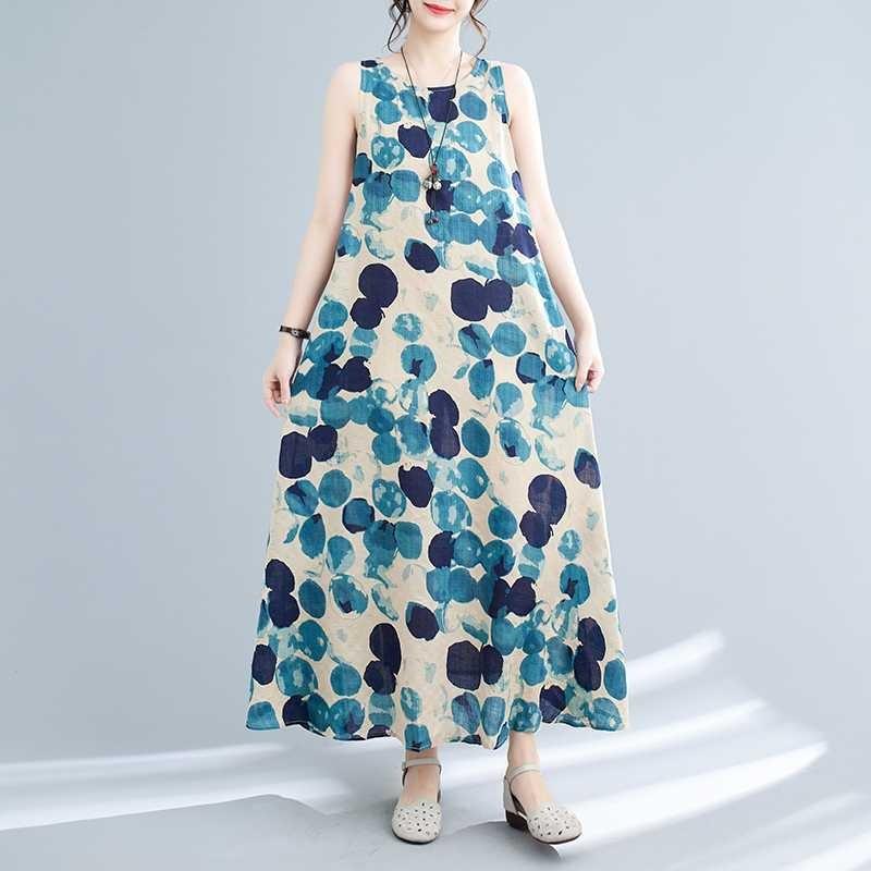 Long Skirt Summer New Sleeveless Round Neck Printed Mid Length Dress