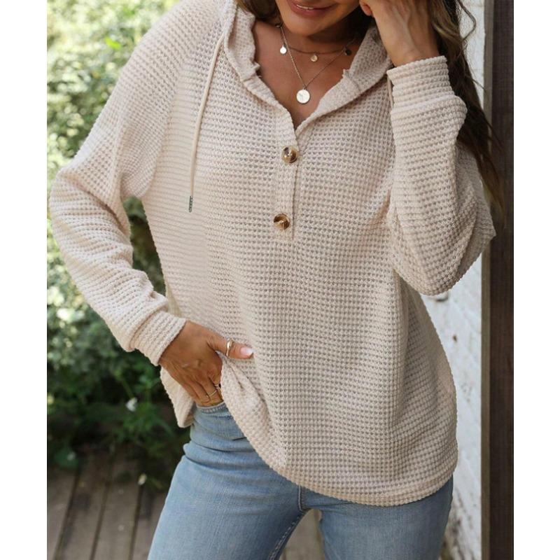 Women S Solid Color Hooded Buttoned Long Sleeve Sweatshirt