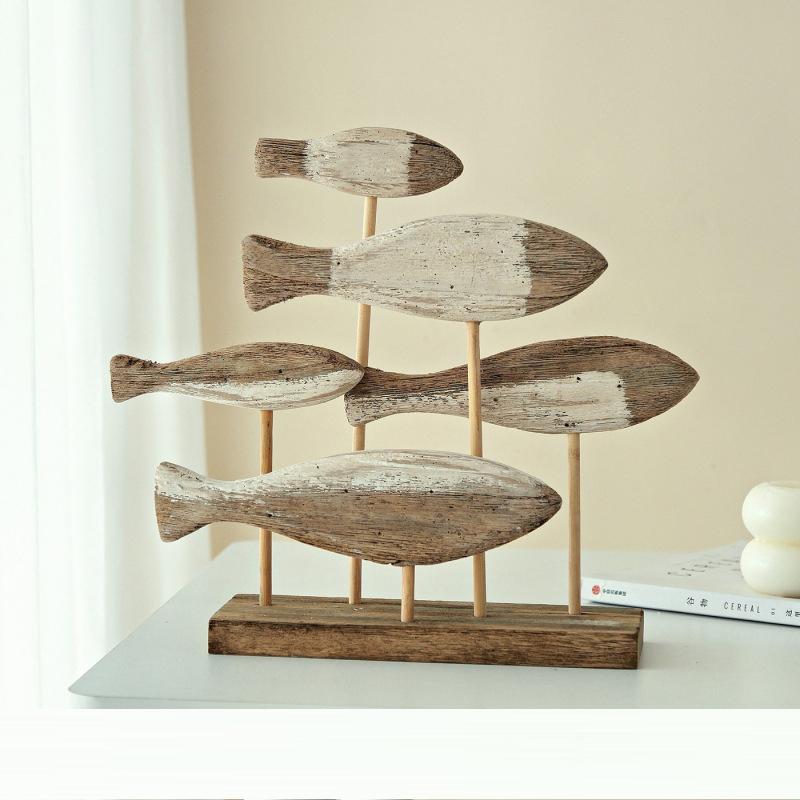 Retro Meeresstil 3D Holzschwarm von Fischen Dekorationen Kreativ Mediterran Handgeschnitzt Schreibtischornamente DIY Bar Heimdekor