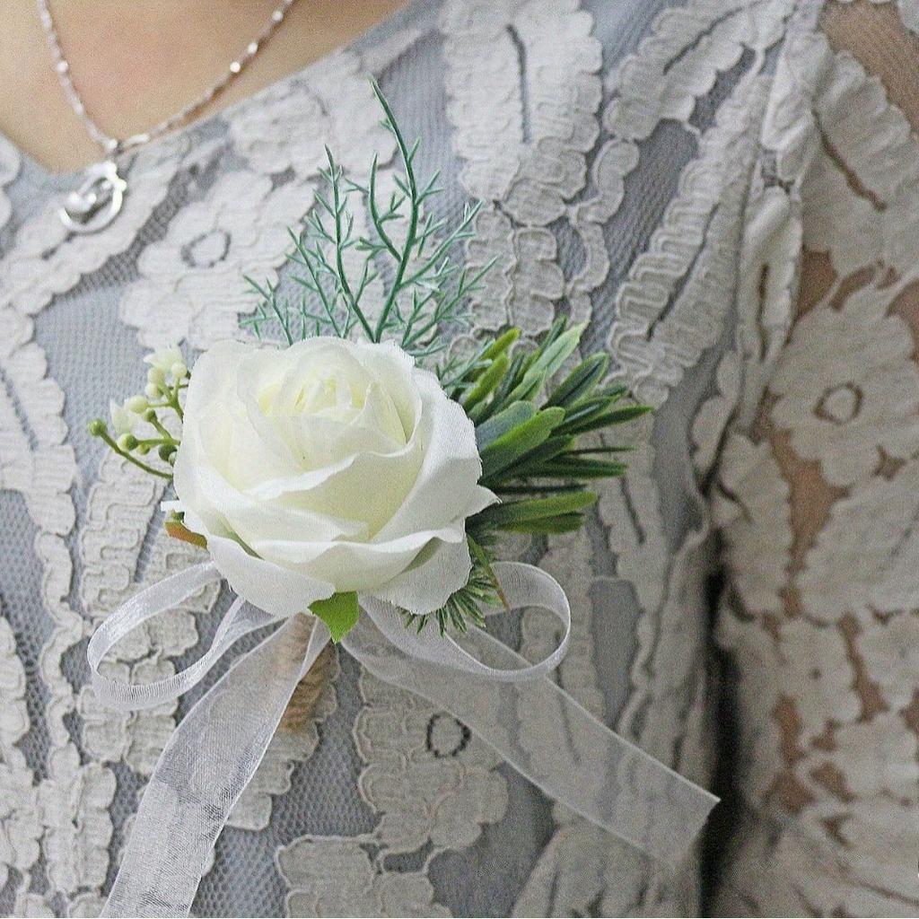 A Pair of Wedding Bridesmaids Simulated White Rose Corsage Wrist Flower Set
