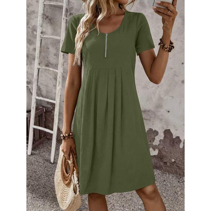 QICED Fashion Summer Spring Solid Color Print O-Neck Short Sleeve Casual Dresses