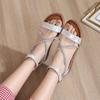 One-strap Sandals for Women Summer Rhinestone Open-toe Korean Style Flat Bottom Flat Heel Large Size Roman Shoes Sandals for Women