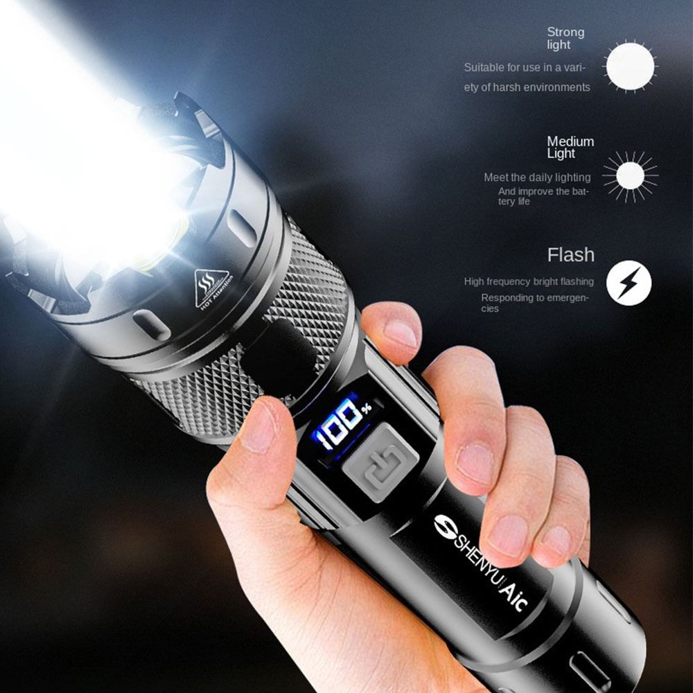 Zoom LED Display  Flashlight Powerful Camping Light Portable Telescopic  Zoom Torch  Fishing