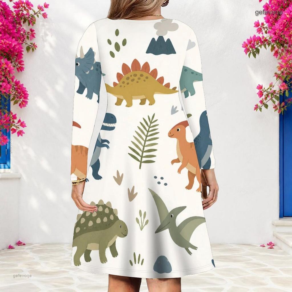 Women Plus Size V Neck Long Sleeve Cat Printed Grey Checkerboard A Line Dress