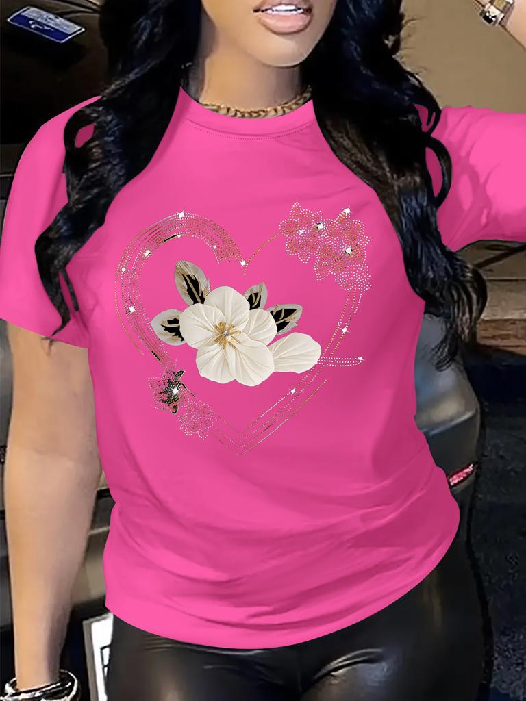 Women's Casual Y Short-Sleeve T-Shirt - Breathable Comfort Fit with Heart Floral Print Round Neck Ladies T Shirts Y2k Top