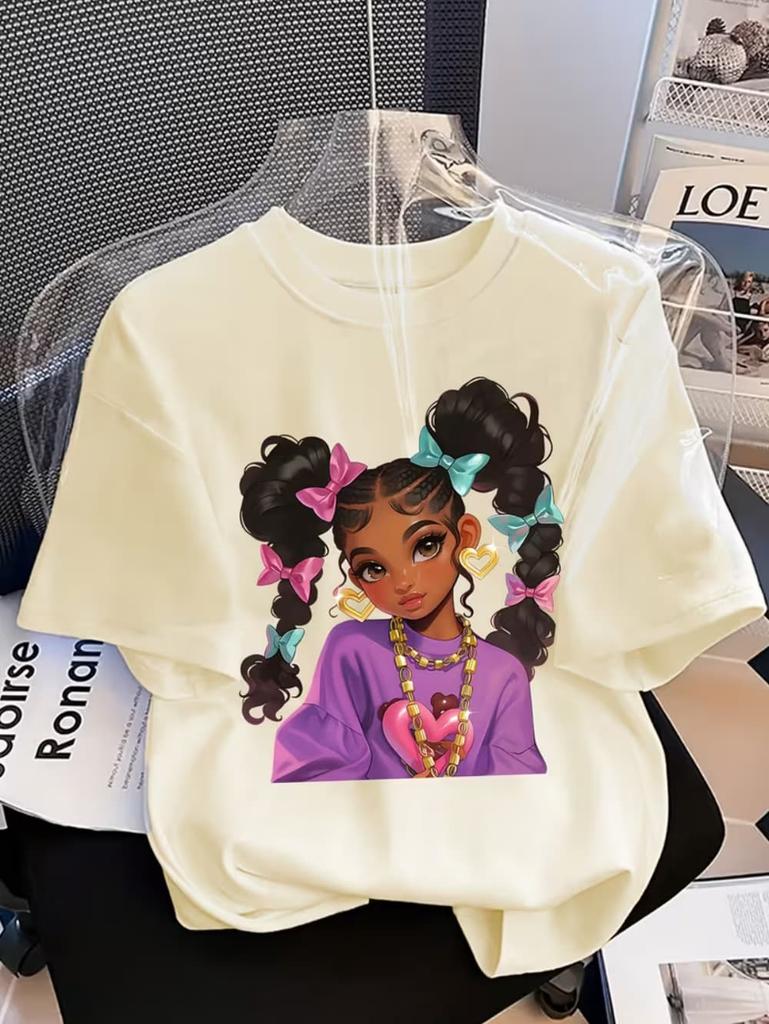 Girls' Summer Crew-Neck Short-Sleeved Top New Black Girls Cute Top Girls Clothes Cartoon Print T-Shirt Top Children's Clothing