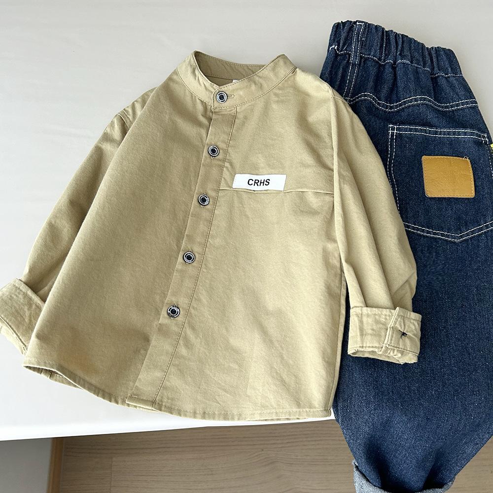 Frühlings- und Herbst-Kinderbekleidung Jungen und Kinder Baumwolle Stehkragen Weiß Langarmhemd Hemd Oberteil