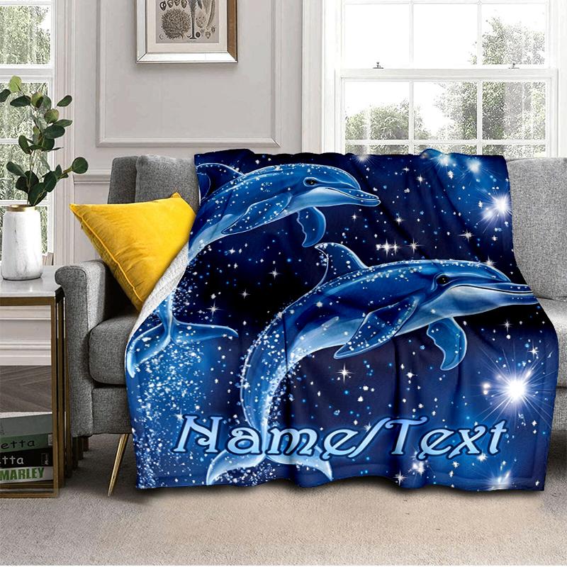 1PC Custom Name Dolphins Starry Night flannel blanket versatile,all-season throw suitable for the living room,bedroom,camping,travel,and gift