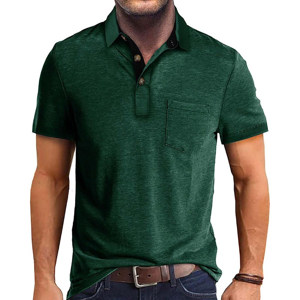 T-shirt estiva da uomo tinta unita con colletto aperto a 3 bottoni e top a maniche corte con bottoni