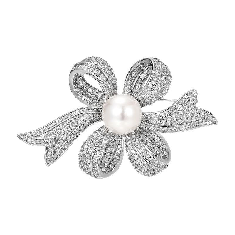 Full Diamond Bow Brooch, Elegant and Feminine Pearl Brooch, Light Luxury and High-end Design Sense Brooch