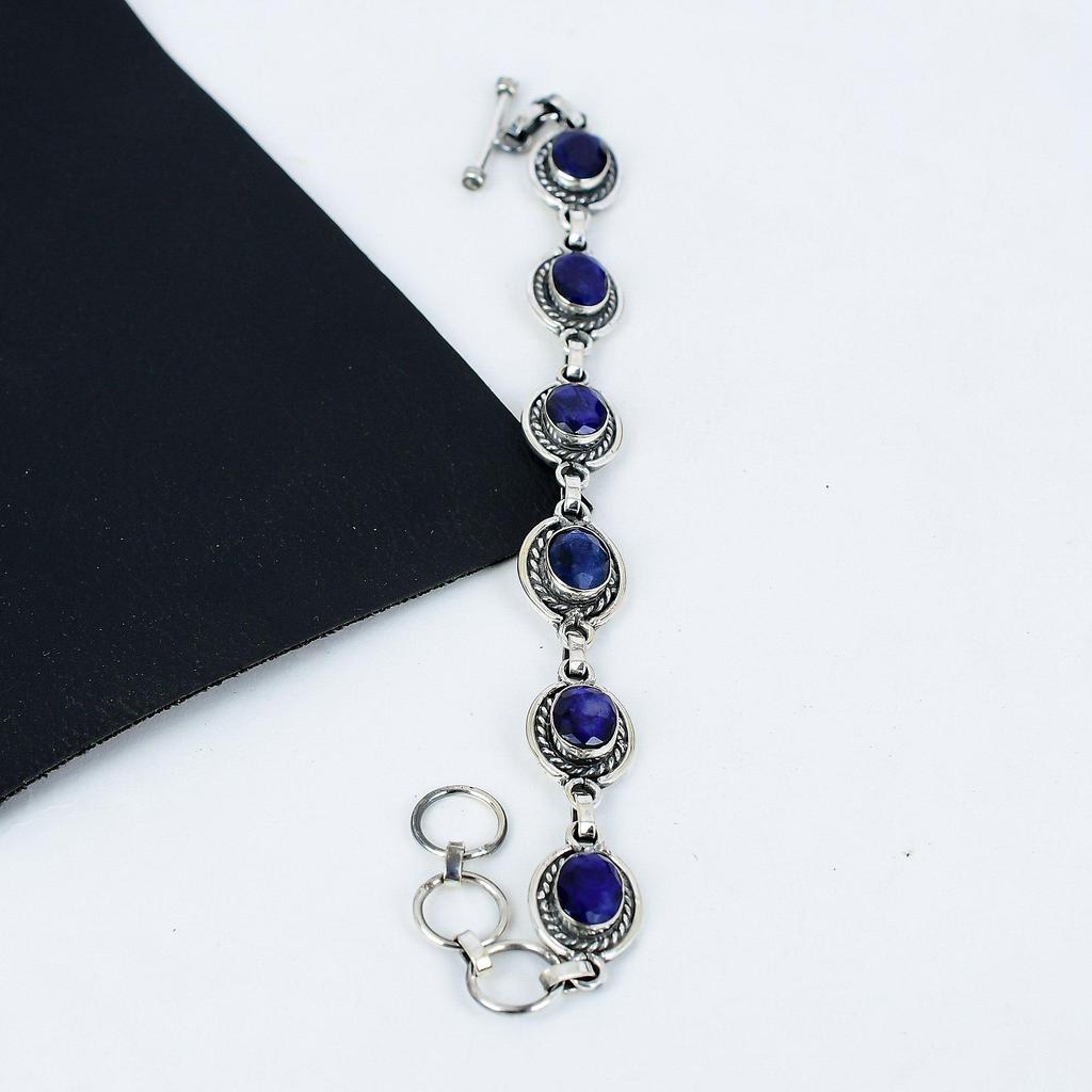 Wunderschönes Blaues Saphir Edelstein Armband, Handgemachtes 925 Sterling Silber Armband, Blaues Saphir Armband für Frau, Unisex Armband, Geschenk für Sie