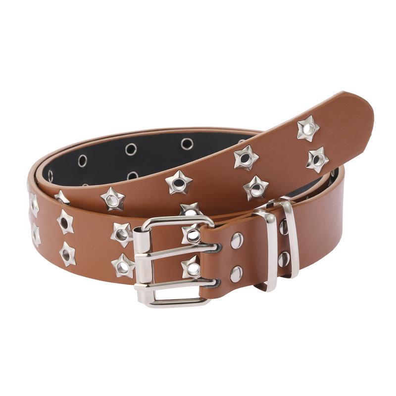 2025 Korean Style Double Row Punk Eyelet Women's Leather Belt with Star Cutout