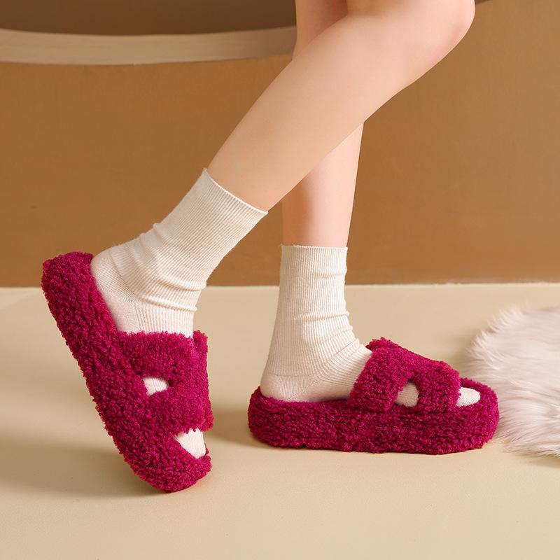 2025 Herbst und Winter neue Internet-Berühmtheit einfarbige Wollpantoffeln Damen tragen flachsohlige Lammwolle Mode Ein-Wort Baumwollmopp
