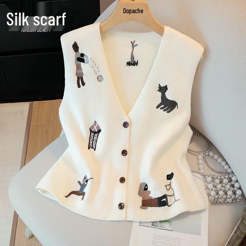 

Модный вязаный жилет с V-образным вырезом и мультяшной вышивкой для женщин One Size