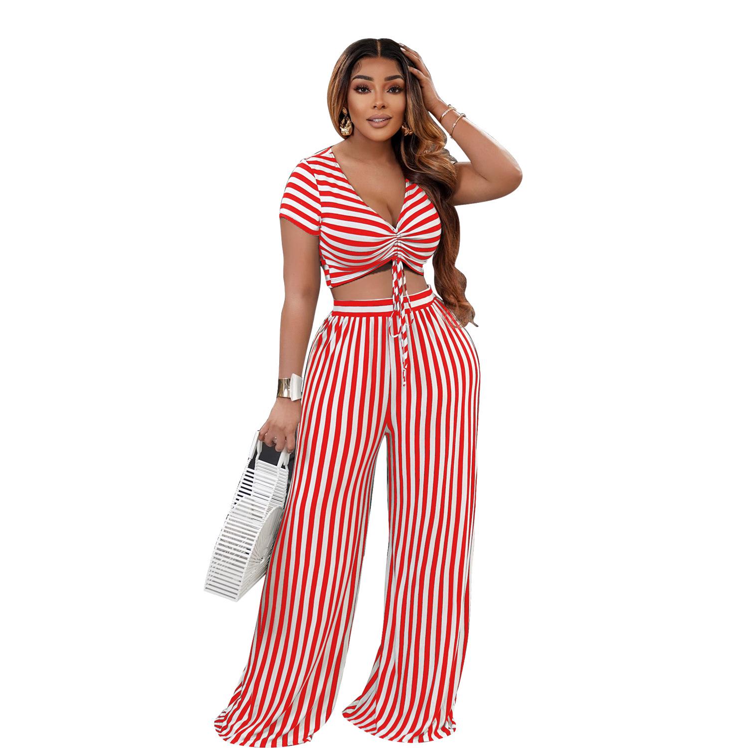 

AL207 European & American Women s Striped V-Neck Short Sleeve Two-Piece Set - Loose Fit for Spring/Summer L червоний