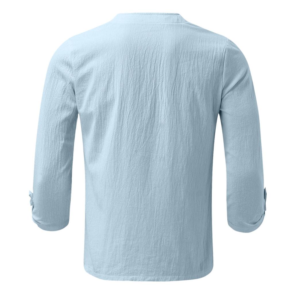 Men's Casual Relaxed Trendy Beach Cotton And Linen Top - Men's 7-inch Sleeve Long Tie-