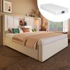 Cama Estofada 90x200 cm Individual com Porta-Copos Escondido e Estação de Carregamento, Hidráulica com Arrumação por Baixo da Cama, Linho Bege (Com Colchão)