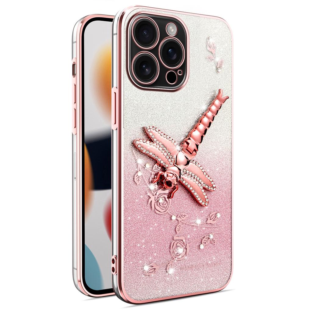 KADEM For iPhone 16 Pro Max Case Dragonfly Kickstand TPU Flowers Glitter Phone Cover