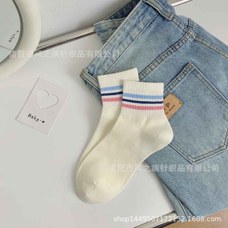 

Spring and Summer Short Socks, Girls Thin College-style Blue Embroidered Cotton Socks, Mid-calf Socks for Students 1 pair білий