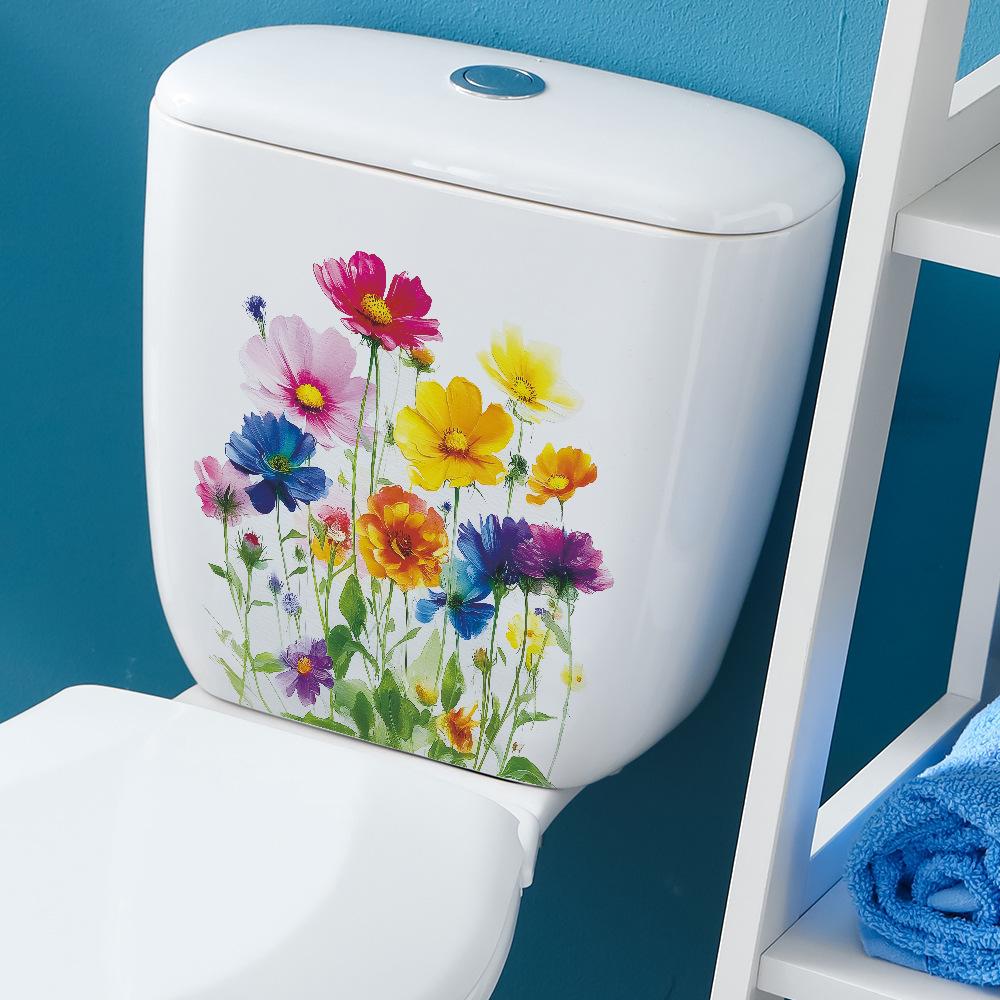 Watercolor, Colorful Flower Beds, Bathroom, Toilet, Toilet Decoration and Beautification Wall Stickers