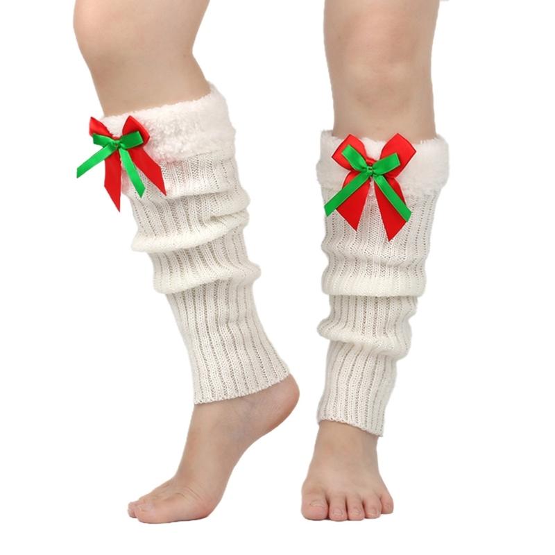 Ribbed Knitted Christmas Boot Cuffs for Women Sweet Bowknot Festival Plush Trim Leg Warmers Calf Socks for Cold Weather