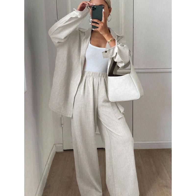 Women's Long Sleeve Shirt and Pants Two-Piece Set Fashionable and Stylish Outfit Combo for Professional or Casual Wear