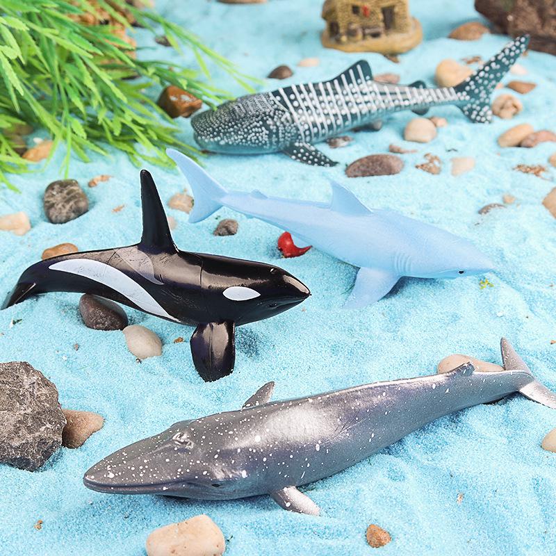 Marine Animal Model Set: Blue Shark, Orca, Whale, Gray Whale Figurines for Baby Cognitive Play