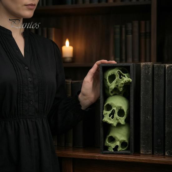 Dark Fantasy Wohnaccessoires 3 Stück Halloween 3-stufige Totenkopf-Buchstützen, Gotische Harz-Regaldekoration für Büro, Einzigartige Buchstopper Spukiges Skelett