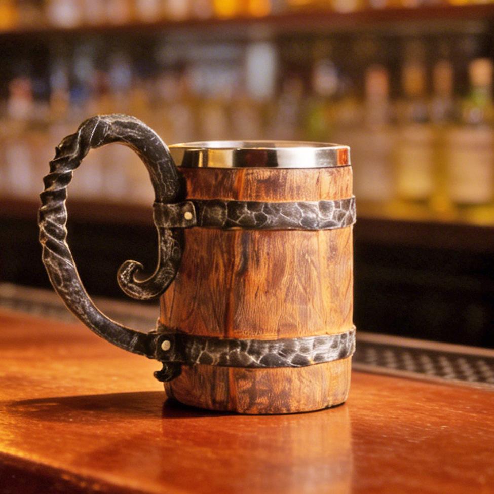 

Household 304 Stainless Steel Liner Mug, Simulated Wooden Barrel Bar Cafe Decoration Resin Ornament 550ml
