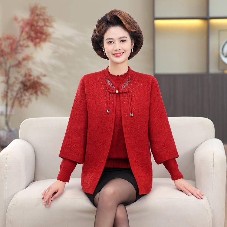 

Женский вязаный кардиган в западном стиле, свадебное платье для тещи и новый китайский свитер для осеннего платья матери, костюм-двойка. 4XL