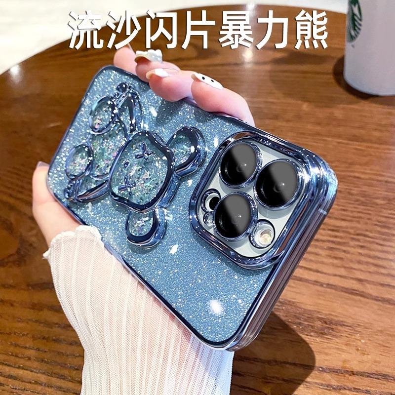 Electroplating quicksand violent bear is suitable for iPhone17 mobile phone case with glass lens film Apple 16 transparent soft case