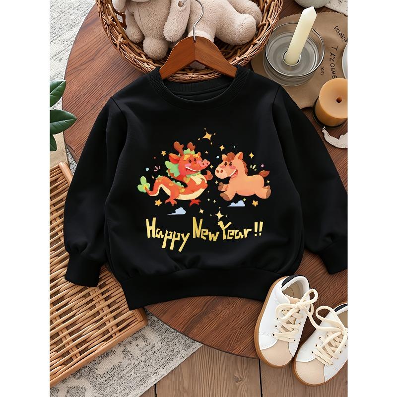 Kids Crewneck Long Sleeve Sweatshirt, Chinese Chic Dragon Horse Happy New Year Print