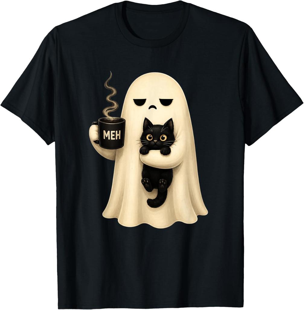Funny Spooky Black Cat Ghost Holding Coffee Halloween T-Shirt Unisex