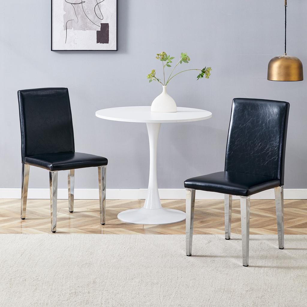 [2 Minimalist Dining Chairs] European Light Luxury In Black-Silver: Black PU Leather + Silver Metal Legs, Fits Modern Dining Rooms, Living Rooms.