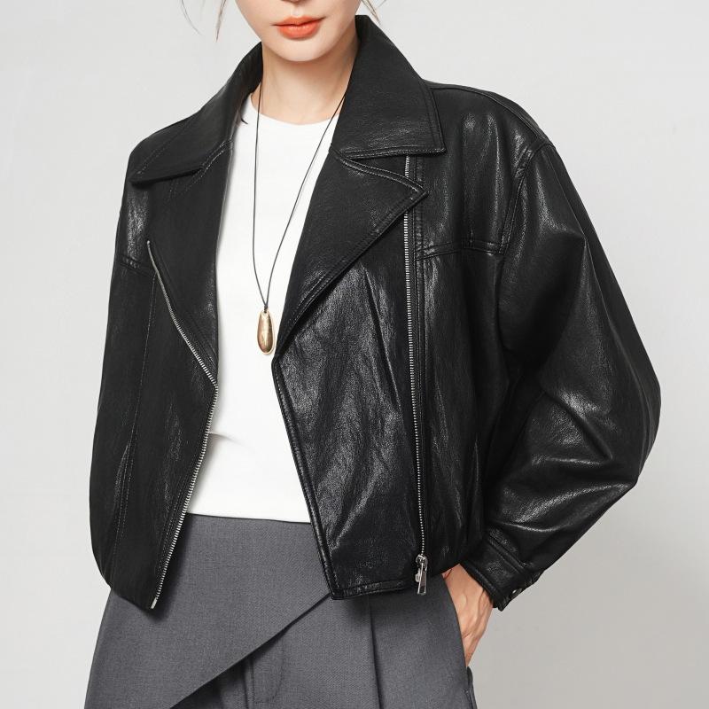 

Women s Genuine Sheepskin Motorcycle Jacket - Spring/Autumn Fashion Lapel Style L чорний